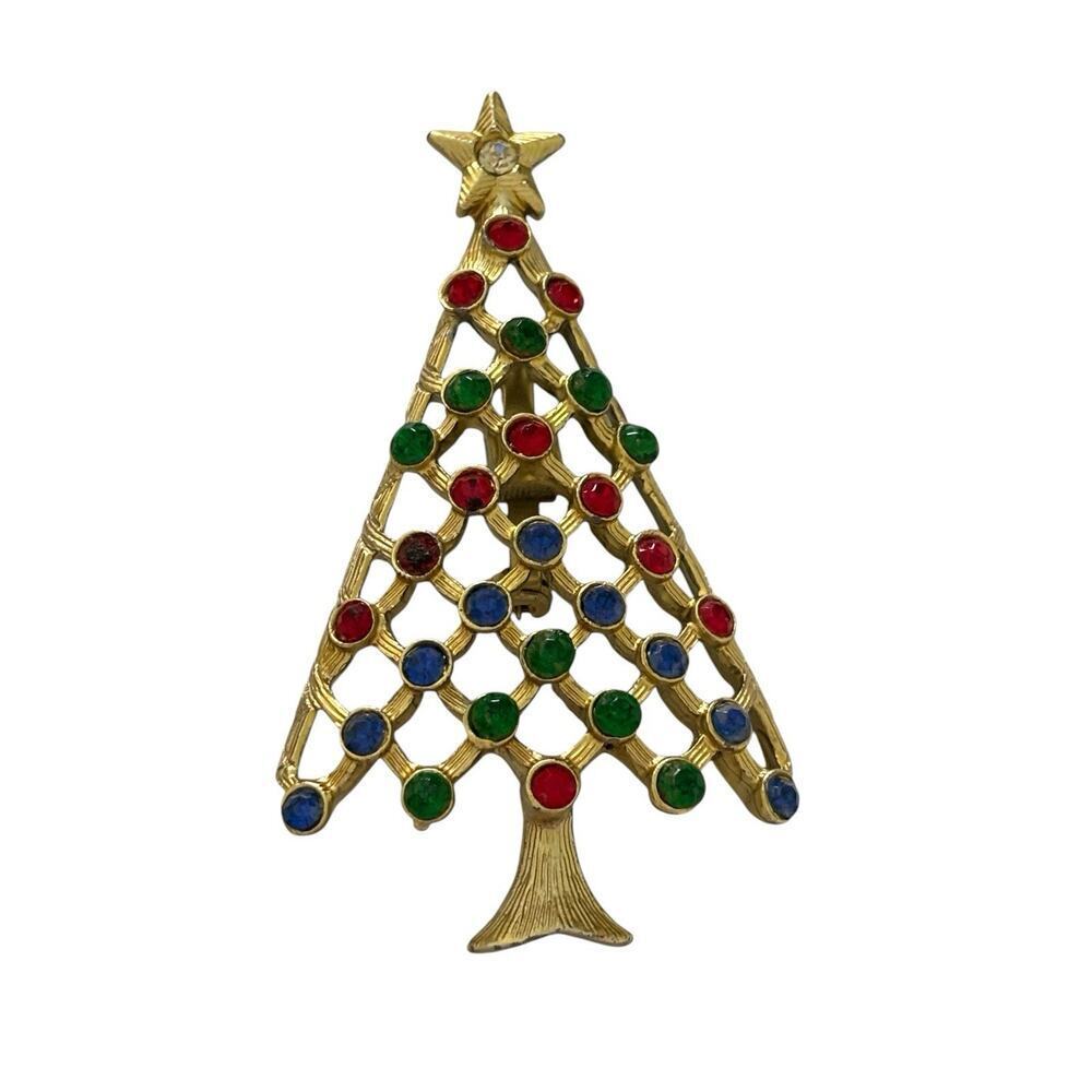 Christmas Tree Holidays Red Green Blue Rhinestones Brooch Gold Tone Pin Vintage